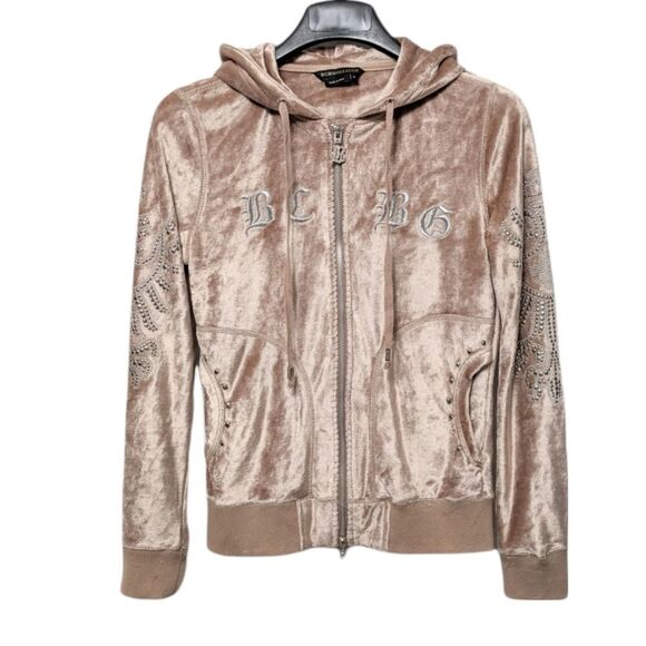 BCBGMAXAZRIA Pink Velvet Logo Studded Bling Zip Hoodie S - Picture 1 of 9